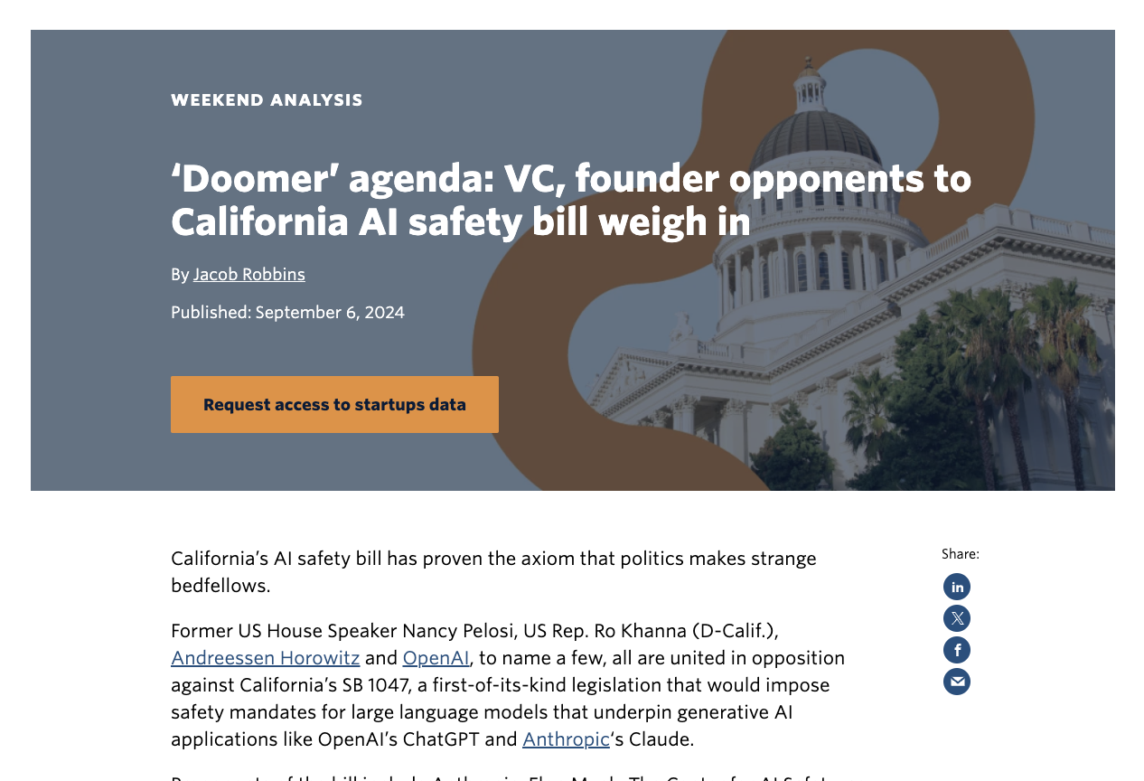 resources ‘Doomer’ agenda: VC, founder opponents to California AI safety bill weigh in